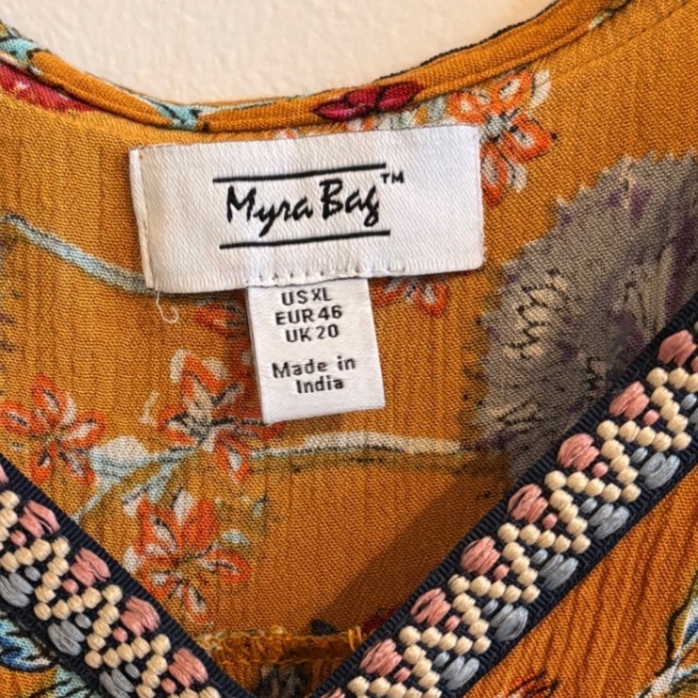 Myra Bag‎ Womens XL Floral Embroidered V-Neck High-Low Peplum Tank Top Mustard - Picture 6 of 6